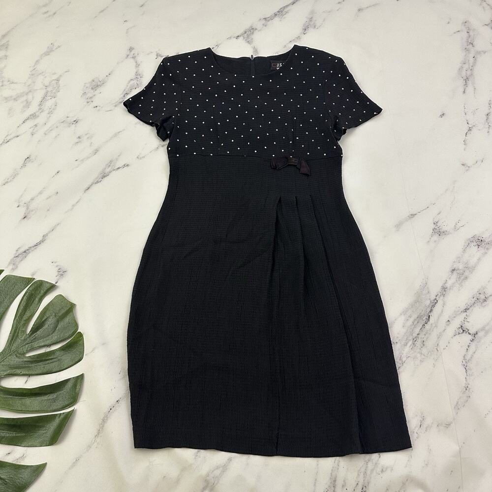 JSJ Womens Vintage 90s Babydoll Dress Size 8 P Black White Polka Dots Bow
